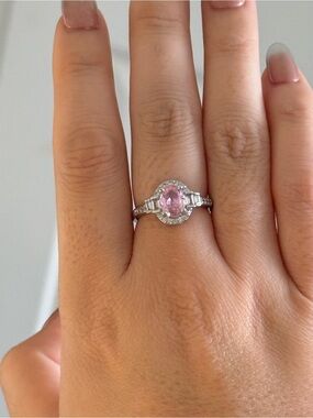 Pink Oval Centerstone Halo Ring in Silver